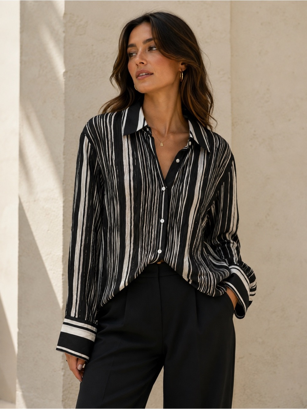 Vtg 90s Anne Carson 100% Silk Plisse Crinkle Striped Blouse Shirt Top L Black